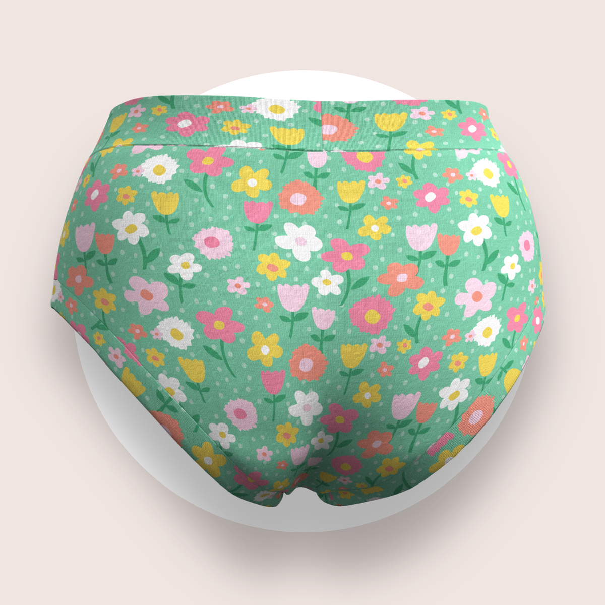 Lulu Funk Womens High Rise Brief in Meadow print (pink, yellow and white flowers on green), view 7 of 7