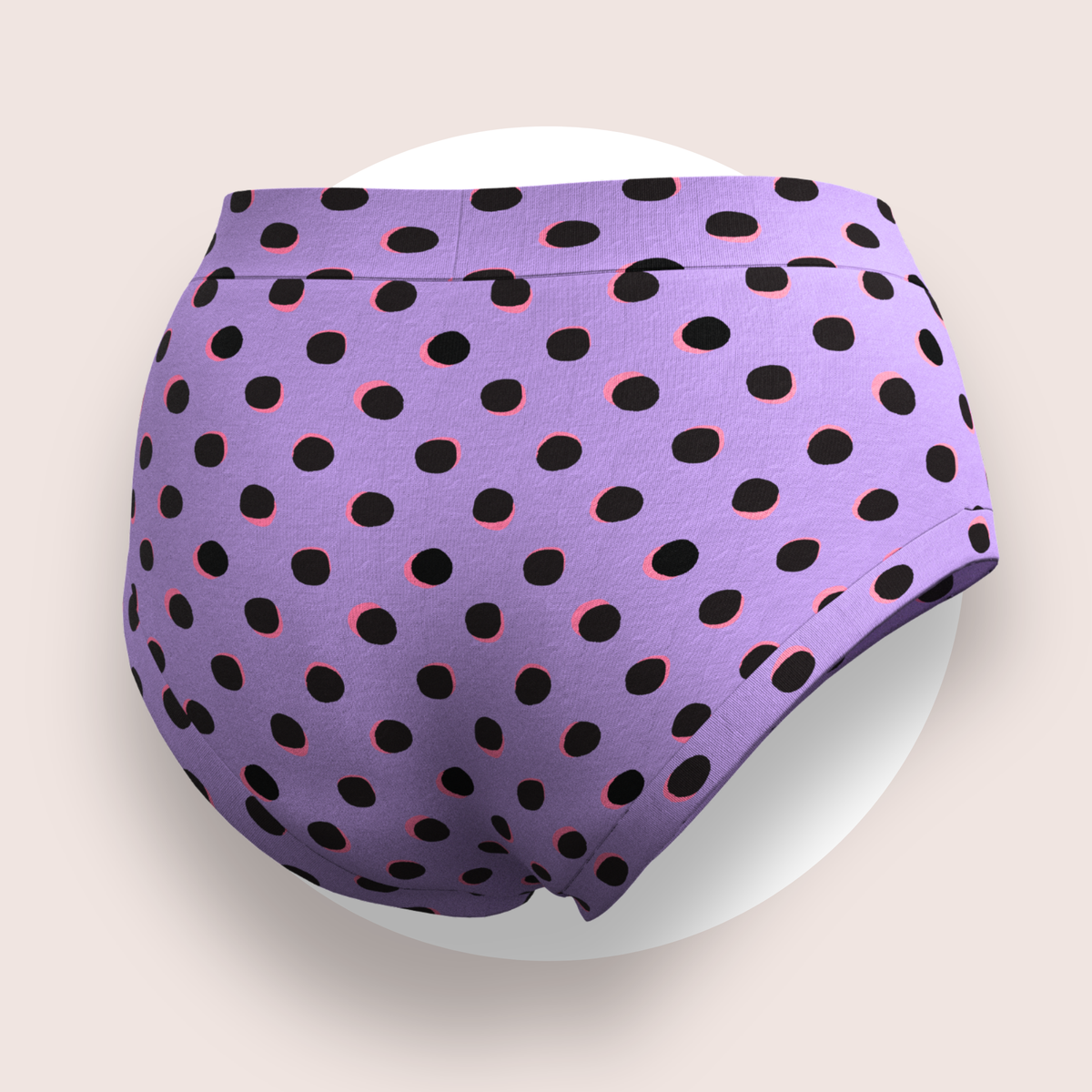 Lulu Funk Womens High Rise Brief in Neon Spot print (black spots on lilac), view 6 of 7