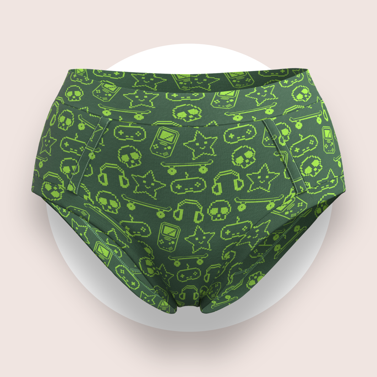 Lulu Funk Womens High Rise Brief in Pixel print (lime gaming icons on dark green), view 1 of 7