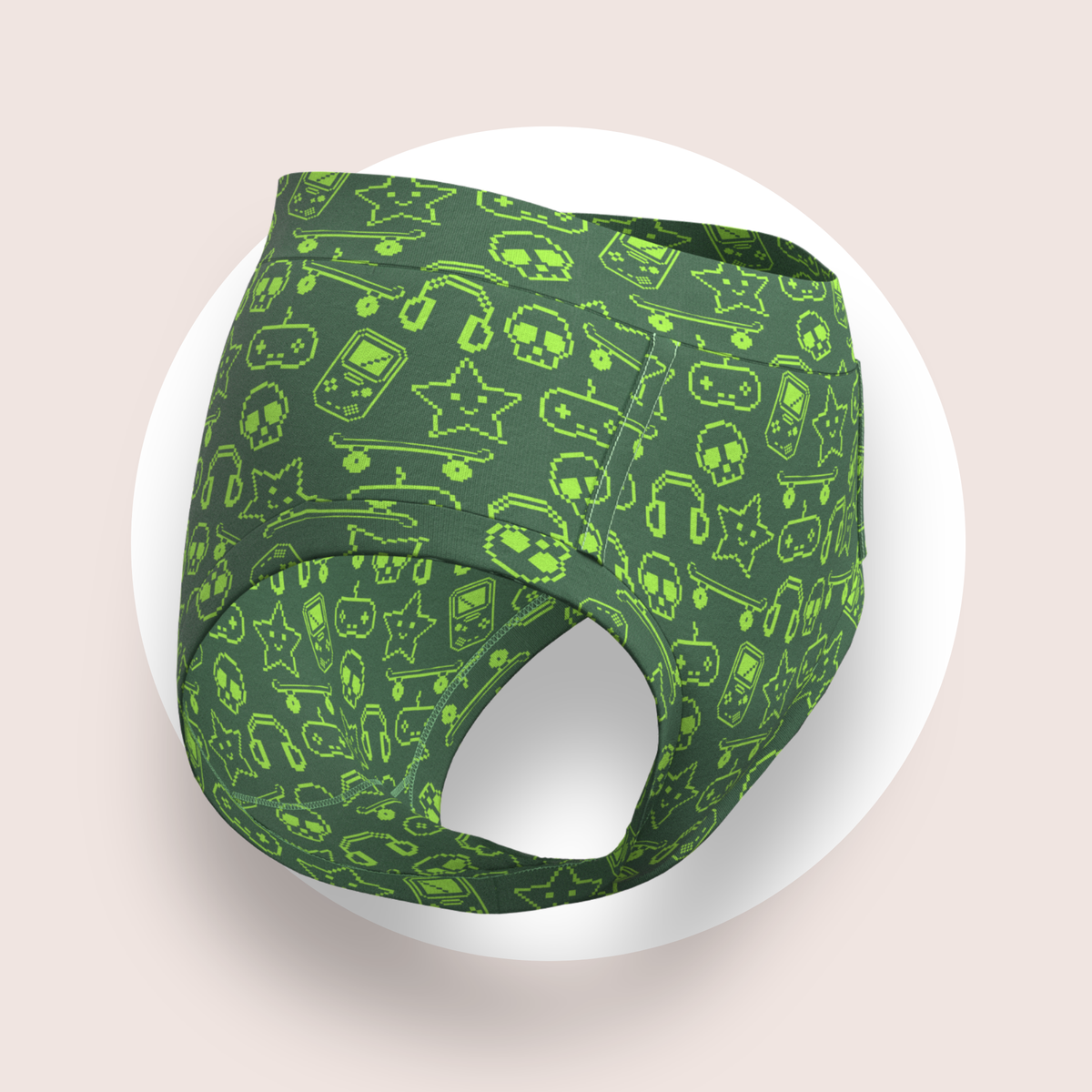 Lulu Funk Womens High Rise Brief in Pixel print (lime gaming icons on dark green), view 2 of 7
