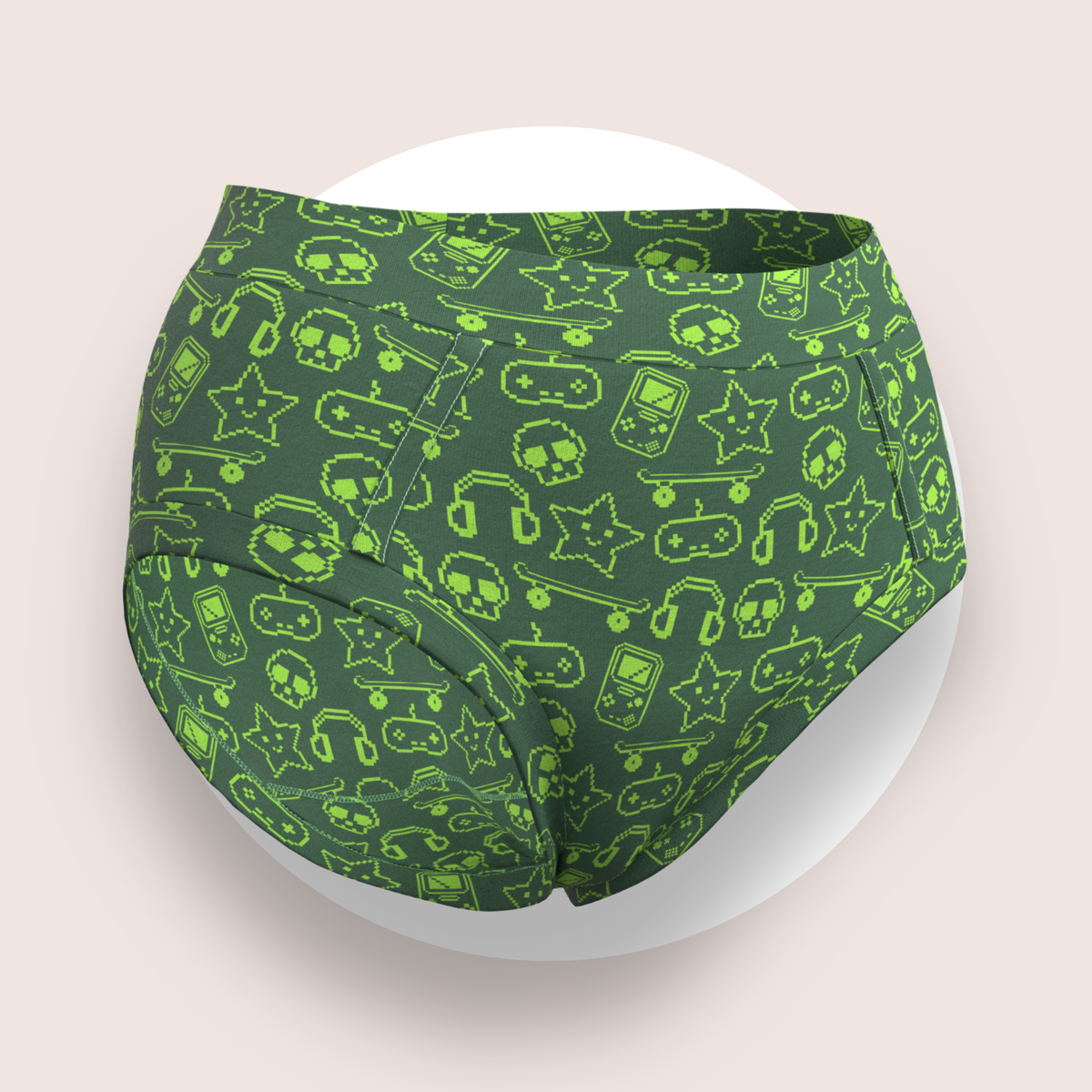 Lulu Funk Womens High Rise Brief in Pixel print (lime gaming icons on dark green), view 3 of 7