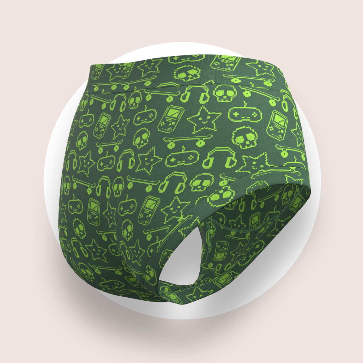 Lulu Funk Womens High Rise Brief in Pixel print (lime gaming icons on dark green), view 5 of 7