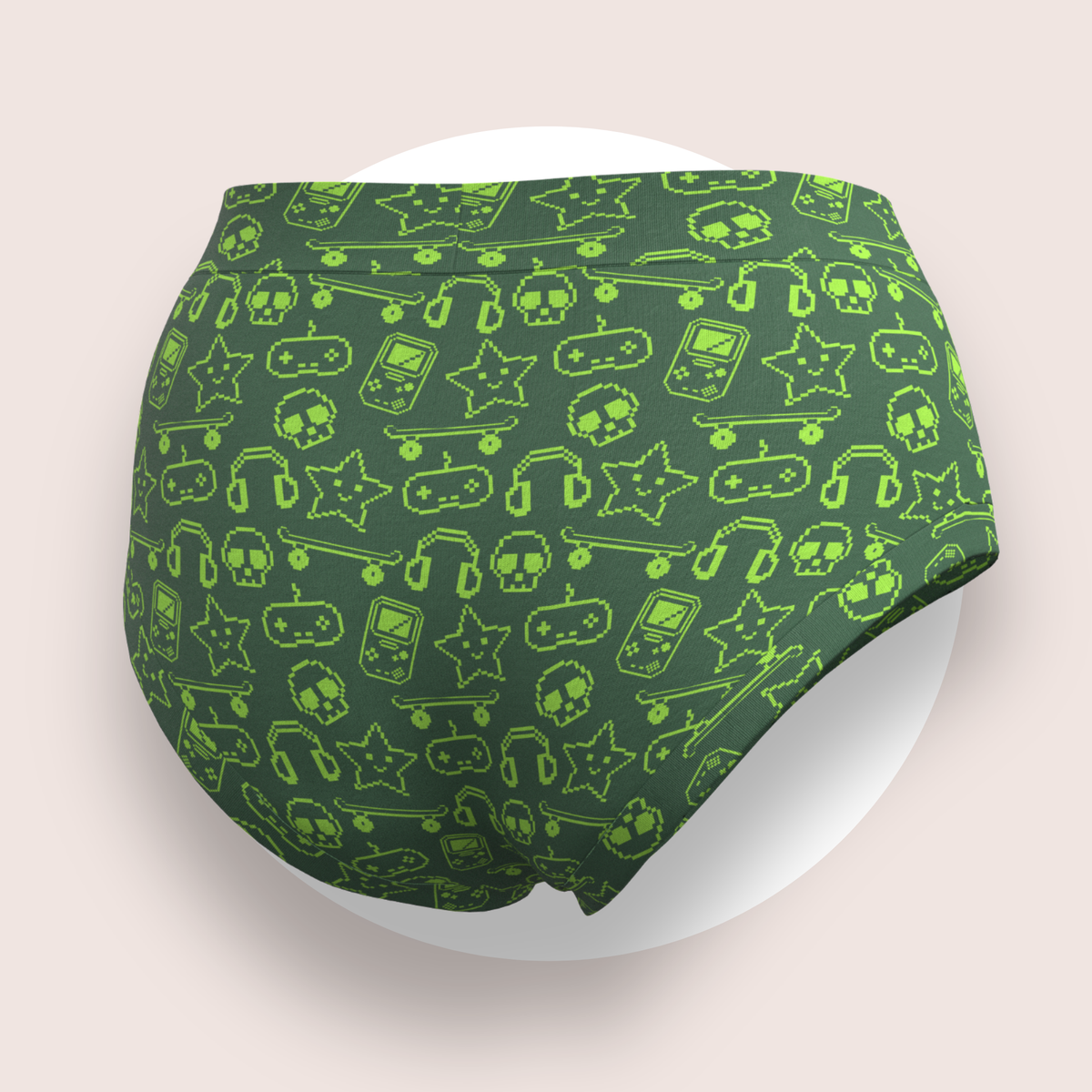 Lulu Funk Womens High Rise Brief in Pixel print (lime gaming icons on dark green), view 6 of 7