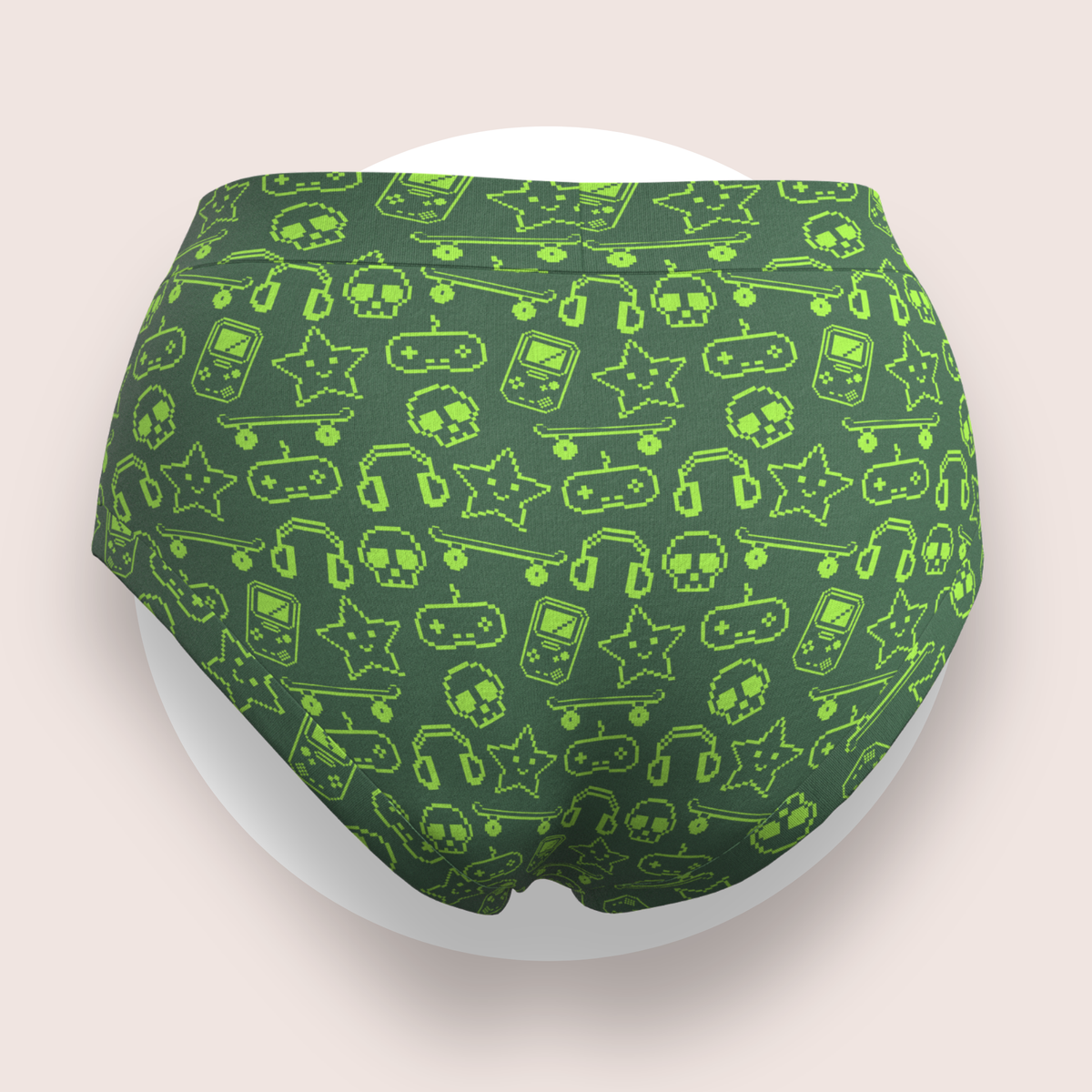 Lulu Funk Womens High Rise Brief in Pixel print (lime gaming icons on dark green), view 7 of 7